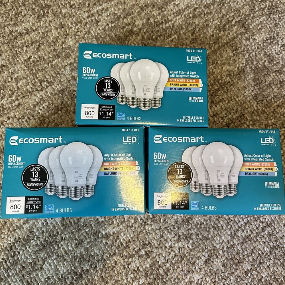 EcoSmart 60-Watt Equivalent A19 Dimmable LED Light Bulb Selectable CCT (12-Pack)